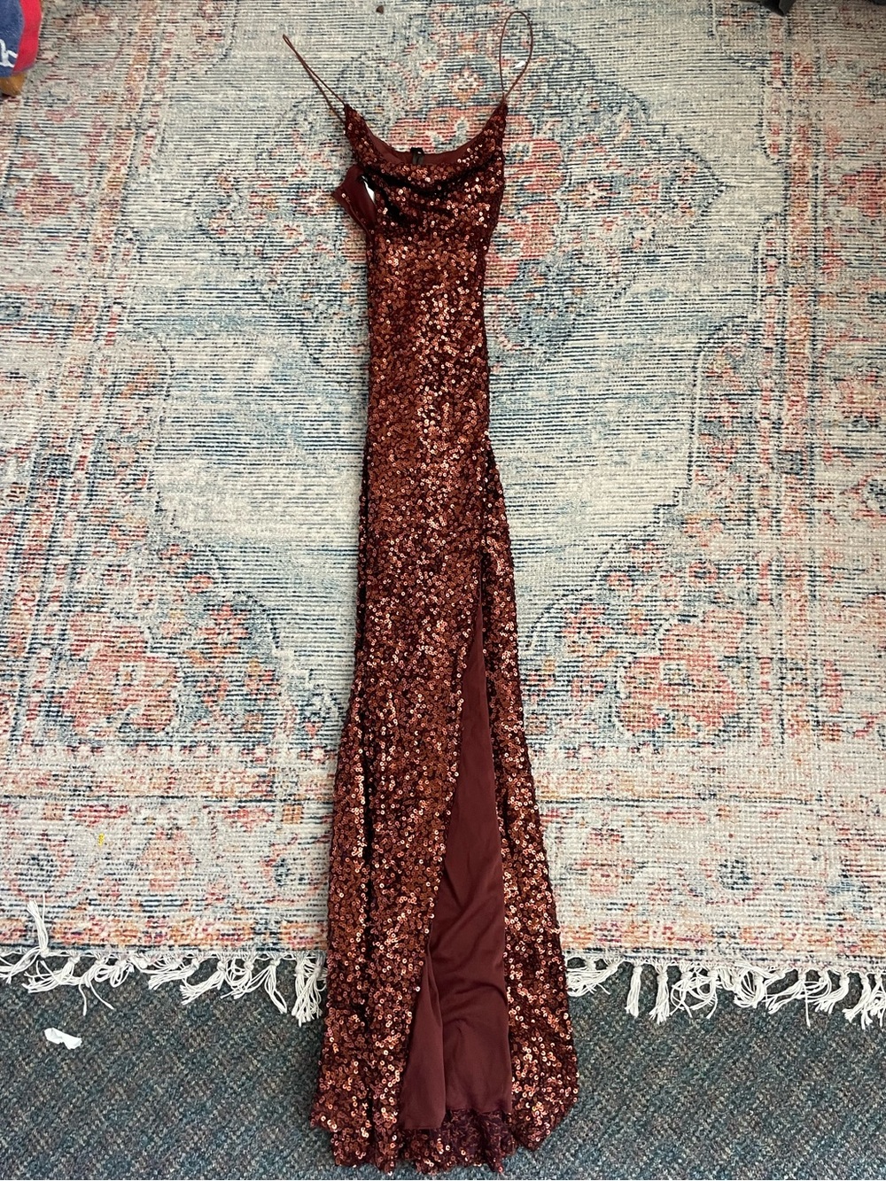 B Darlin Copper Sequin Slip Gown with Front Slit